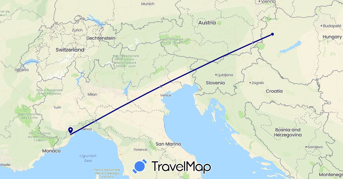 TravelMap itinerary: driving in Hungary, Italy (Europe)